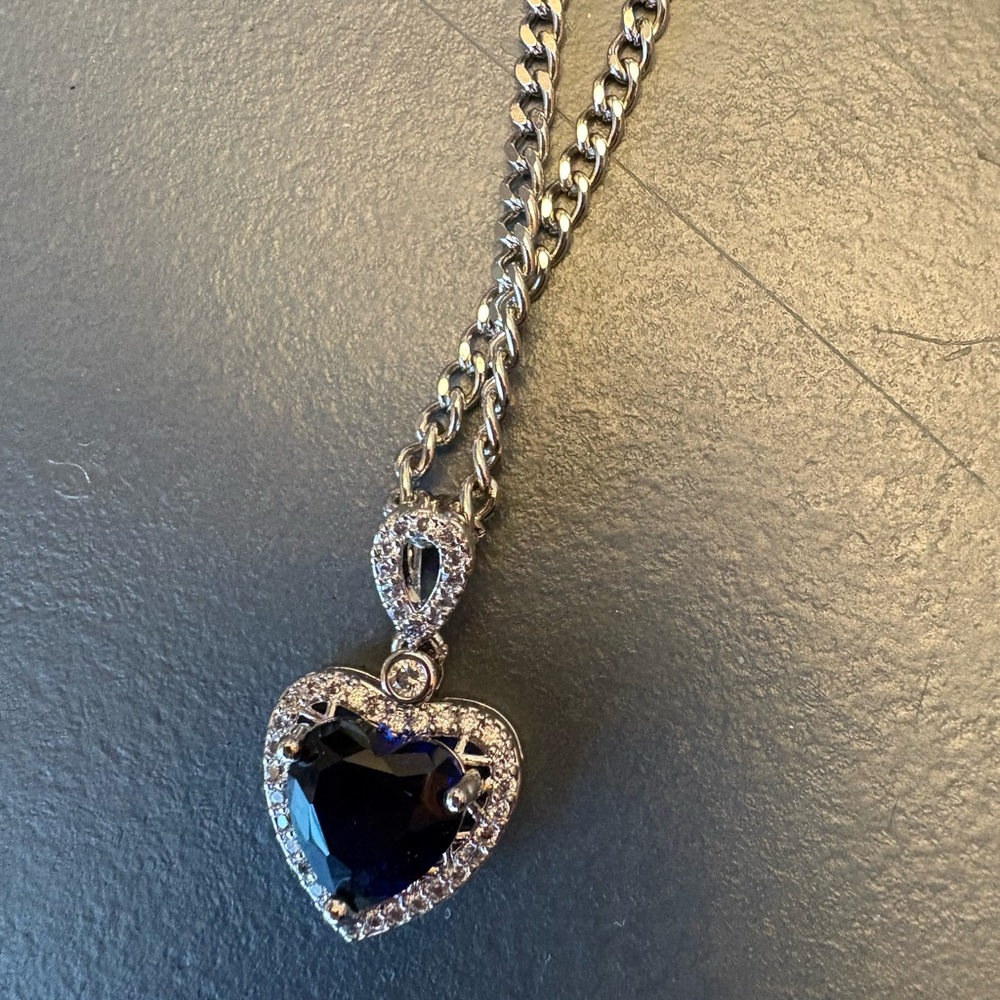 Silver Heart Necklace with Deep Blue Crystal Pendant